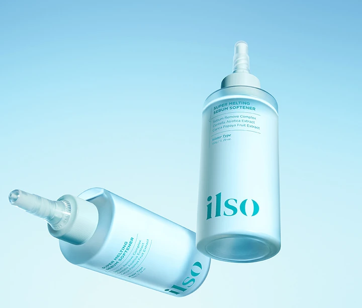 ilso sebum softener bottles in a blue campaign photograph
